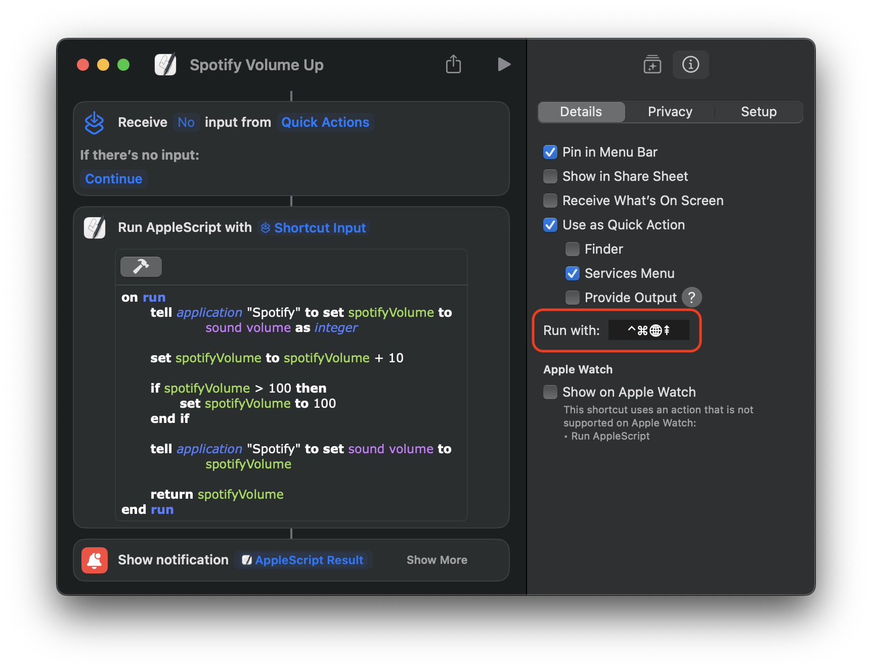 Setting a keyboard shortcut for a Shortcut